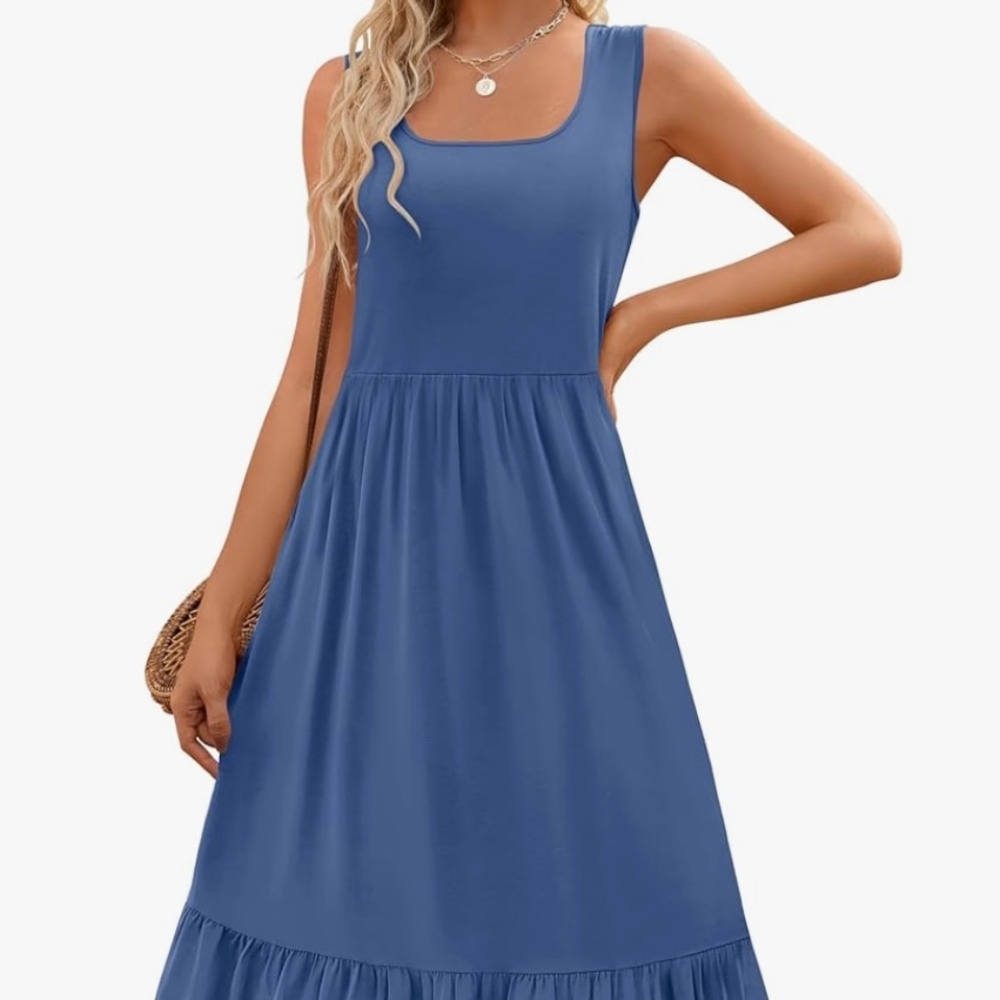 New Women's Sleeveless Maxi Dress Square Neck Pleated Swing Pull On Dusty Blue L